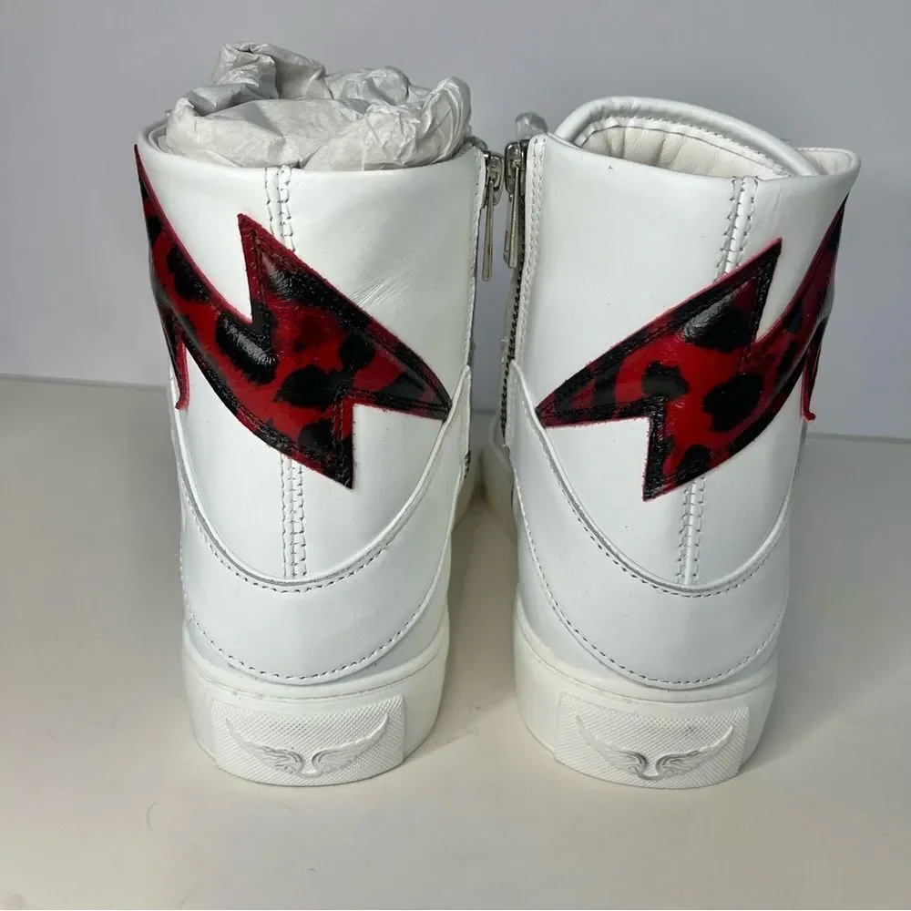 Zadig and Voltaire High Flash Calfskin Sneakers, Red‎ Lightening Bolt, 7, NIB - Picture 11 of 15